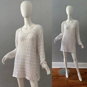 Vintage 80s White Crochet Knit Boho Hippie Oversized Swim Cover Tunic Top